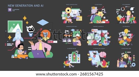 Vector illustration depicting AI integration in education and creativity, showcasing people interacting with AI for learning, art generation, VR classrooms, and future job preparation.