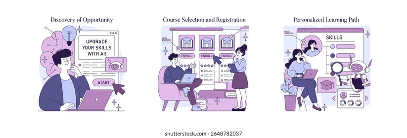 Vector illustration depicting AI learning processes. Features discovery of opportunities, course selection, and personalized learning paths with AI, represented by diverse characters.