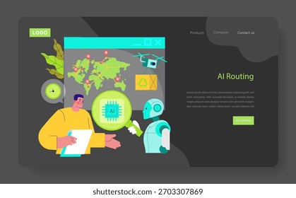 Ilustração vetorial representando a tecnologia de roteamento de IA. Um humano interage com um robô, analisando um mapa digital e um chip de IA. Ilustra a colaboração entre humanos e robôs em automação e mapeamento.