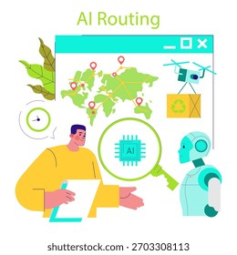 Ilustración vectorial que representa la tecnología de enrutamiento de IA. Una persona y un robot examinan un mapa de entrega global, destacando el papel de la IA en la logística eficiente y las prácticas sostenibles.