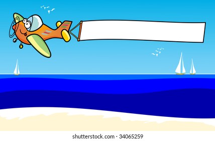 Vector illustration depicting an airplane moving in the sky a white banner. 