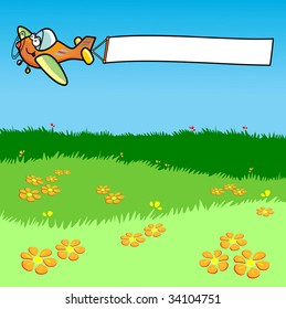 Vector illustration depicting an airplane while dragging a white banner. The aircraft is flying over a meadow in bloom