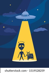 Vector illustration depicting an alien abducting a cow. poster cover