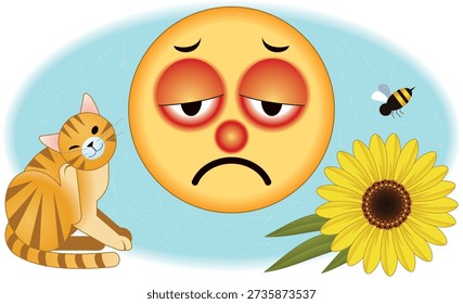 A vector illustration depicting allergies with a central emoji showing red, swollen eyes and a stuffy nose. Common triggers such as pet dander, pollen from sunflowers, and bee allergens are highlighted, illustrating typical allergic reactions like sneezing, itching, and congestion.