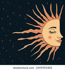 A vector illustration depicting ancient folk representations of the sun and moon. The stylized sun is portrayed with a half-face design, characterized by plump lips and closed eyes