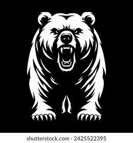 Vector illustration depicting an angry bear with a grinning mouth. Fierce bear. Drawing of a bear for a logo, print for a T-shirt, website, poster. Design element. Tattoo.