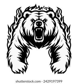 Vector illustration depicting an angry bear with a grinning mouth. Fierce bear. Drawing of a bear for a logo, print for a T-shirt, website, poster. Design element. Tattoo.