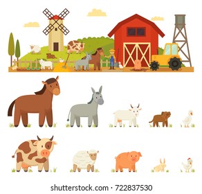 Vector illustration depicting animal farm with different mammals and caring farmer beside the windmill, rural location on white background.