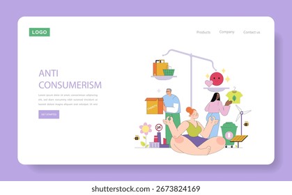 Vector illustration depicting an anti-consumerism concept with people balancing life priorities and sustainability. Includes charity, eco-friendly clothing, and renewable energy elements.