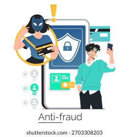 Ilustração vetorial que descreve medidas antifraude. Uma figura mascarada com cartões de crédito é riscada, enquanto uma pessoa usa o reconhecimento facial em um smartphone para verificação de identidade segura.