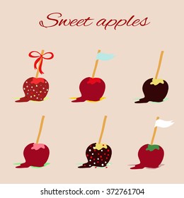 vector illustration depicting apples in caramel and chocolate on a stick