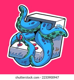 vector illustration depicting an arcade game machine popping octopus tentacles from the screen