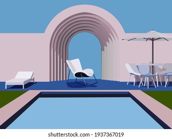 vector illustration depicting arch and pool and beach furniture