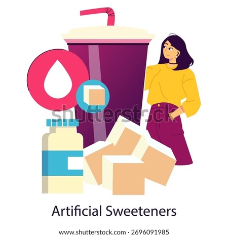 Vector illustration depicting artificial sweeteners with a woman contemplating sugar cubes, drink, and bottle. Highlights the concept of sugar substitutes and dietary choices.