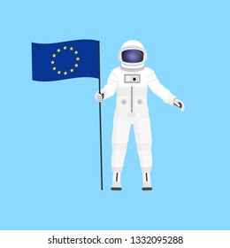 vector illustration depicting an astronaut standing with an EU flag on a blue background. European Space Association. European Space Program. European space policy