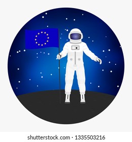 vector illustration depicting an astronaut standing with an EU flag on a space background. 