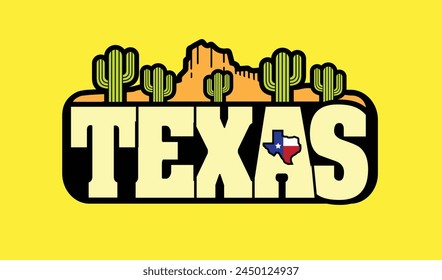 Vektorillustration, die die Atmosphäre von Texas mit seinen Bergen, Wüste, Fahne und Kaktus darstellt, kann als touristisches Souvenir wie eine Nadel, Poster, grafisches T-Shirt, Aufkleber verwendet werden