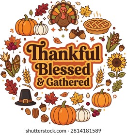 A vector illustration depicting an autumn harvest arrangement with pumpkins, a turkey, and various floral and plant elements on a