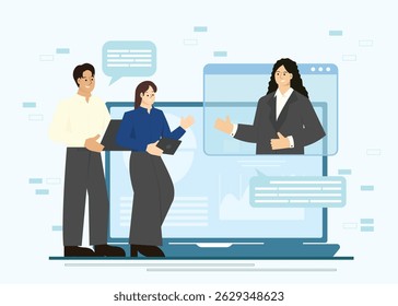 A Vector illustration depicting a B2B remote meeting utilizing digital communication tools and engaging interaction.