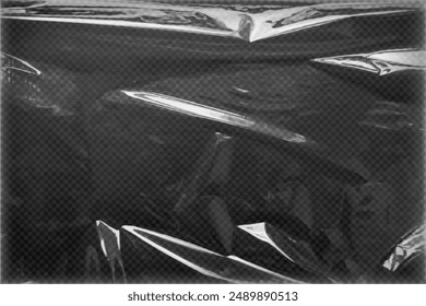 Vector illustration depicting a background of clear plastic film on an isolated black background. Wrinkled realistic vinyl package, old cover texture overlay effect.