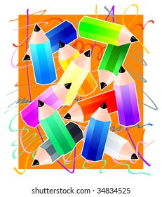 Vector illustration depicting a background consisting of many colored crayons and artistic design features