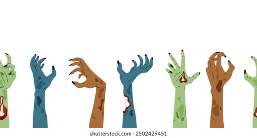 Vector illustration depicting a banner with zombie hands along the bottom seamless border. Multicolored Rotting Limbs is a perfect Halloween themed design. Flat cartoon style. Isolated background.