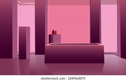vector illustration depicting a bathroom interior in trendy shades for decorating interiors and scenes, as well as for printing on booklets, postcards, covers in viva magenta style