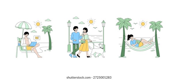 Ilustração vetorial representando as atividades da praia. Uma pessoa usando um laptop, um casal passeando com um cachorro e alguém lendo em uma rede. As cenas transmitem lazer e relaxamento.