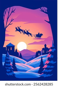 a vector illustration depicting the beauty of a mountain view during winter. with Santa Claus appearing to fly with his reindeer.