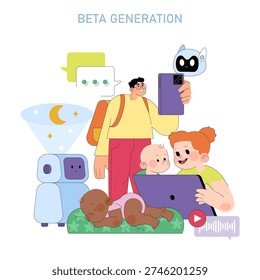 Vector illustration depicting the Beta Generation interacting with technology. Features children and adults engaged with digital devices, AI robots, and holographic elements, symbolizing future tech