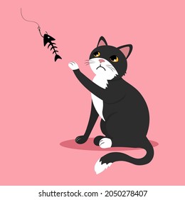 Vector illustration depicting a black cat with a white breast. Domestic pet, kitten catches fish. Fish skeleton on a fishing rod. Cute kitty on pink background in flat style