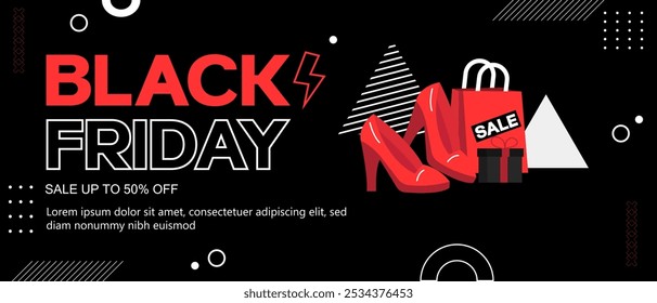 A Vector illustration depicting a Black Friday sale featuring high heels, a shopping bag, and gift box, set against a stylized graphic design.