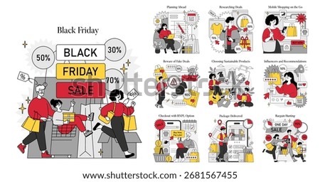 Vector illustration depicting a Black Friday shopping scene. People excitedly hunt for discounts and deals. Various shopping elements show bargain hunting, mobile shopping, and careful planning.