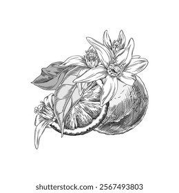 Vector illustration depicting a black and white sketch of a whole neroli orange, its slices with flowers and leaves. Ingredients for cosmetic and medicinal use. Suitable for labels. Hand drawn.