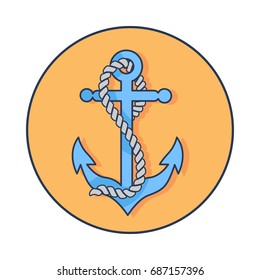 Vector illustration depicting blue anchor intertwined in thick rope superimposed on backdrop. Circle banner with orange background.