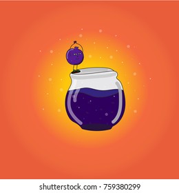 vector illustration depicting a blueberry jam and a blueberry character