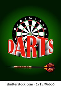 vector illustration depicting a board and a dart with a volumetric inscription darts for advertising the game