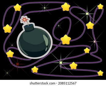ilustración vectorial que representa una bomba rodeada de fuegos artificiales de estrellas al estilo de las caricaturas para imprimir carteles, postales y decoración de interiores de partido