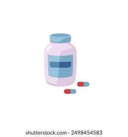 Vektorgrafik mit einer Flasche mit Pillen auf isoliertem Hintergrund. Dieses Set ist dem Diabetes-Management gewidmet und eignet sich ideal für die Verwendung in thematischen Designs. Flacher Stil.