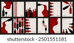 Vector illustration depicting bottles of wine and glasses. Set of minimalist posters design in red and black colors. Abstract wall art.	