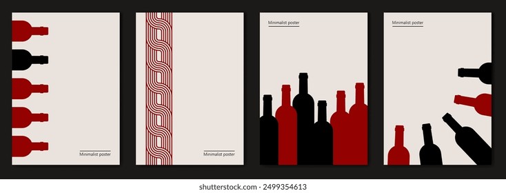 Vector illustration depicting bottles of wine. Restaurant menu. Set of minimalist posters design in red and black colors. Abstract wall art.