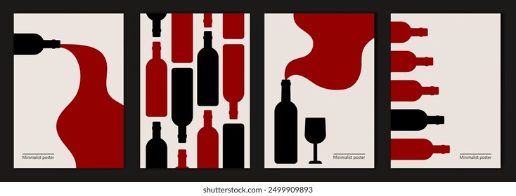 Vector illustration depicting bottles of wine. Set of minimalist posters design in red and black colors. Abstract wall art.