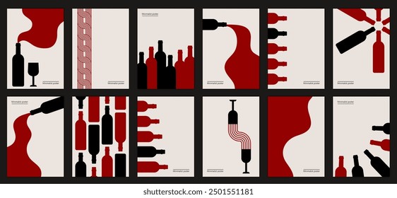 Vector illustration depicting bottles of wine and glasses. Set of minimalist posters design in red and black colors. Abstract wall art.	