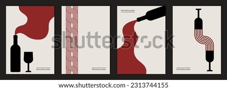 Vector illustration depicting bottles of wine, glasses. Restaurant menu. Artwork, set of minimalist posters design in red and black colors. Abstract wall art.