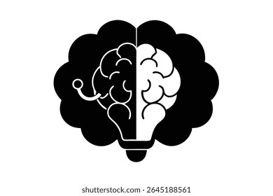 A vector illustration depicting a brain shaped like a lightbulb half black half white
