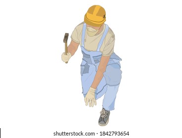 Vector illustration depicting a builder in a blue overalls, yellow helmet and a hammer in his hand.