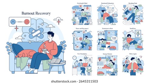 Vector illustration depicting burnout recovery through various stages. Scenes include relaxation, setting boundaries, and embracing small joys. Emphasizes self-care and emotional well-being.
