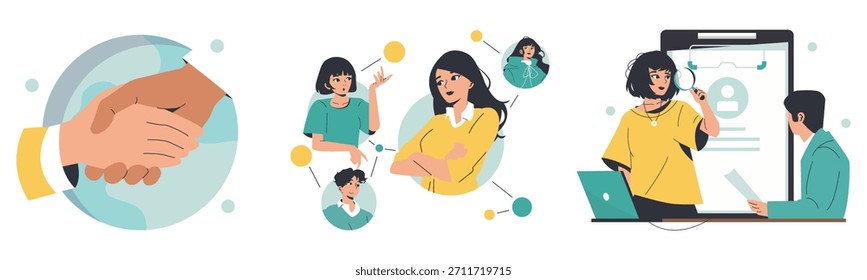 Vector illustration depicting business elements including handshake, team communication, and profile analysis. Figures engaged in professional interactions and discussions.