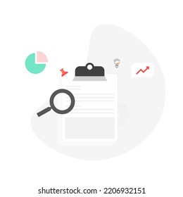 Vector illustration depicting business project analysis and progress reporting, showcasing data visualization and performance metrics. This design is ideal for projects related to project management.