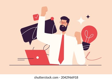 Vector illustration depicting a businessman celebrating the success. Editable stroke.